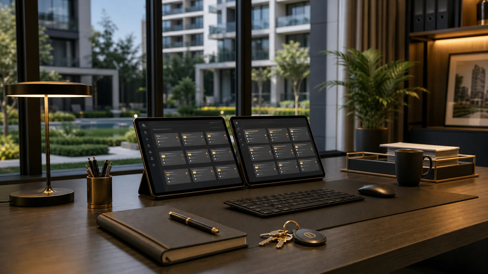 Mesa de operação condominial com tablets exibindo filas de atendimento